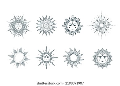 Set of 8 celestial sun. Mystical design  elements for esoteric, tarot cards, tattoo and witchcraft. Vector bohemian collection of illustrations isolated on white background.