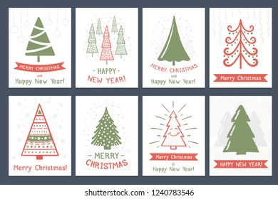 Set of 8 Christmas cards with hand drawn Christmas trees, vector eps10 illustration