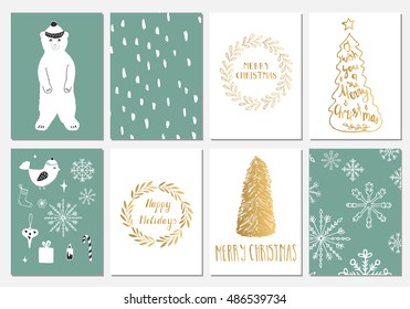Set of 8 Christmas cards. Happy Holidays labels. Vector illustration template for greeting scrapbooking, congratulations, invitations. Design collection for winter.