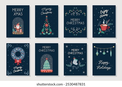 Set of 8 Christmas cards on dark background. Hand Drawn Christmas and New Year Cards collection. Vector illustration.