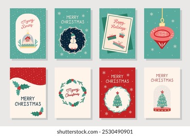 Set of 8 Christmas cards on Green background and Plant ornament. Hand Drawn Christmas and New Year Cards collection. Vector illustration.