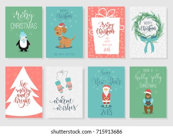 Set of 8 christmas greeting cards with hand drawn characters.