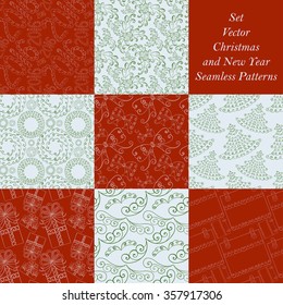 Set of 8 Christmas and New Year vector seamless patterns. Hand-drawn symbols. Red, green, white decorations. For backdrop, fabric, wallpaper, wrapping, background, winter holiday design. Eps 8.