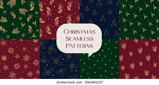 Set of 8 christmas seamless patterns with traditional ornament