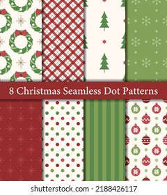 Set of 8 Christmas seamless patterns in traditional red and green colors. Trees, wreath, ornaments, snowflake, stripes, polka dots, plaid.