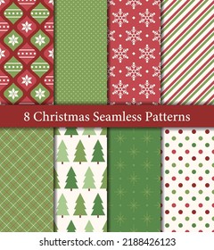 Set of 8 Christmas seamless patterns in traditional red and green colors. Trees, ornaments, stars, snowflakes, diagonal stripes, plaid, polka dots.