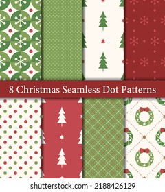 Conjunto de 8 patrones de Navidad sin fisuras en colores tradicionales rojo y verde. Árboles, flores, copos de nieve, puntos de polka, manchas.