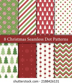 Set of 8 Christmas seamless patterns in traditional red and green colors. Trees, mint candy, snowflakes, stars, stripes, candy cane stripes, polka dots, chevron.