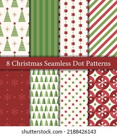 Set of 8 Christmas seamless patterns in traditional red and green colors. Trees, stars, snowflakes, polka dots, stripes, diagonal stripes.