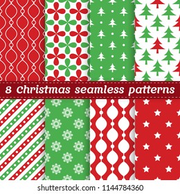 Conjunto de 8 patrones vectoriales de Navidad sin fisuras para la cubierta de tarjetas de felicitación, invitación, folleto, afiche, banner, fondo del sitio web