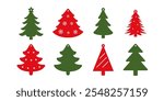 Set of 8 Christmas tree earrings, pendant or keychain design. Jewelry silhouette cut template. Laser cutting with leather, wood or metal. Vector illustration file