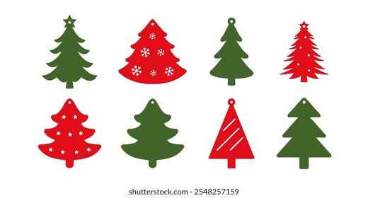 Conjunto de 8 pendientes de árbol de Navidad, diseño de colgante o llavero. Plantilla de corte de silueta de joyería. Corte por láser con cuero, madera o metal. archivo de Ilustración vectorial