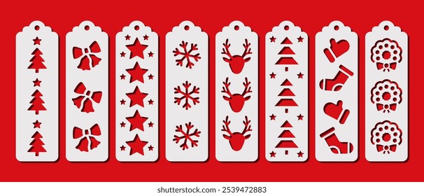 Conjunto de 8 Navidades de marcadores de Vertical. Plantilla de corte láser. Plantilla de marcador decorativo para cortar papel, madera y metal. Diseño de Vector con patrón de invierno