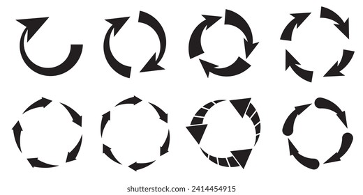 Set of 8 circle arrows icon. Vector elements. Black loading symbol. Arrow rotation symbol vector Icons