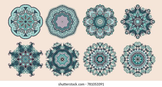 set of 8 circle paisley pattern to winter snowflakes design or spring flower poster, vector illustration collection