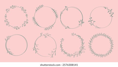 Set of 8 circular floral frames. Delicate floral designs, perfect for invitations. Elegant floral wreaths on a soft pink background. Floral art for decor. Frame element vector set.