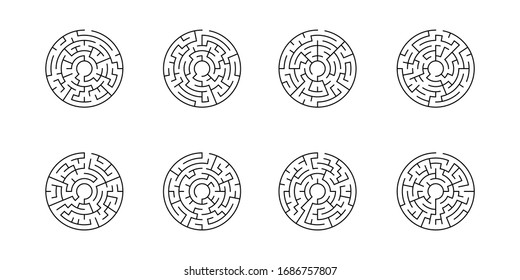A set of 8 circular mazes 6 corridors wide, with no solution