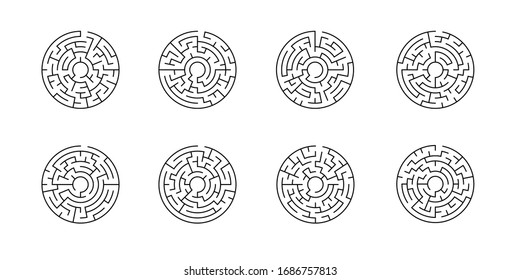 A set of 8 circular mazes 6 corridors wide, with no solution