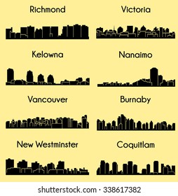 Set of 8 City silhouette in British Columbia, Canada ( Vancouver, Burnaby, Kelowna, Nanaimo, New Westminster, Richmond, Virginia, Coquitlam )