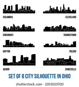 Set of 8 city silhouette in Ohio ( Columbus, Cleveland, Cincinnati, Youngstown, Dayton, Toledo, Akron, Zanesville )