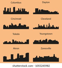 Set von 8 Stadt Silhouette in Ohio (Columbus, Cleveland, Cincinnati, Youngstown, Dayton, Toledo, Akron, Zanesville)