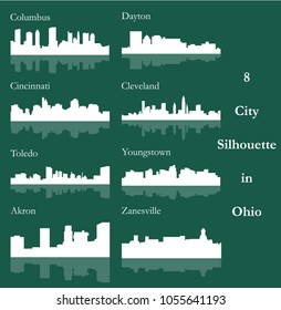 Set of 8 city silhouette in Ohio ( Columbus, Cleveland, Cincinnati, Youngstown, Dayton, Toledo, Akron, Zanesville )