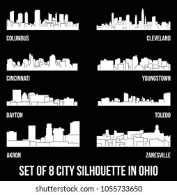 Set of 8 city silhouette in Ohio ( Columbus, Cleveland, Cincinnati, Youngstown, Dayton, Toledo, Akron, Zanesville )