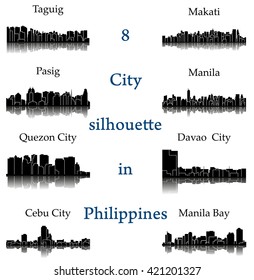 Set of 8 city silhouette in Philippines ( Quezon City, Davao City, Makati, Manila, Pasig, Taguig, Cebu, Manila Bay )