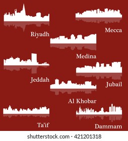 Set of 8 city silhouette in Saudi Arabia ( Mecca, Riyadh, Jeddah, Medina, Dammam, Jubail, Ta'if, Al Khobar )