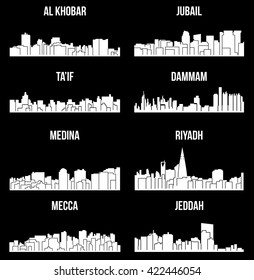 Set of 8 city silhouette in Saudi Arabia ( Mecca, Riyadh, Jeddah, Medina, Dammam, Jubail, Ta'if, Al Khobar )