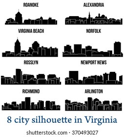 Set of 8 city silhouette in Virginia ( Richmond, Norfolk, Arlington, Virginia Beach, Rosslyn, Alexandria, Newport News, Roanoke )