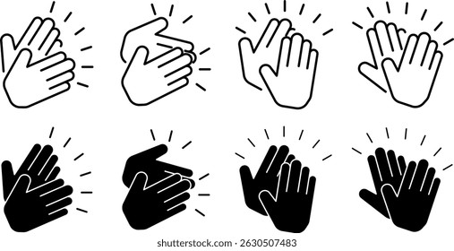 Set of 8 clapping hands icons in outline and solid styles. Perfect for reaction emojis, app interfaces, celebration graphics or communication elements. Isolated on transparent background - Powered by Shutterstock - Get 15% off with code: PIKWIZARD15