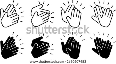 Set of 8 clapping hands icons in outline and solid styles. Perfect for reaction emojis, app interfaces, celebration graphics or communication elements. Isolated on transparent background