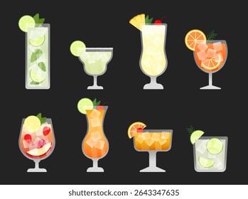 Set of 8 classic summer alcoholic cocktails including Mojito, Margarita, and more. Isolated on clean black background.