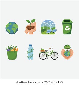 A set of 8 clean flat-style vector stickers for World Environment Day, featuring eco-friendly symbols with modern green designs, ideal for posters, websites, and campaigns.