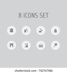 Set Of 8 Cleanup Icons Set.Collection Of Curtain, Hoover, Ironing And Other Elements.