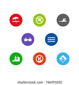 Set Of 8 Coast Icons Set.Collection Of Wave, Surfing, Umbrella And Other Elements.