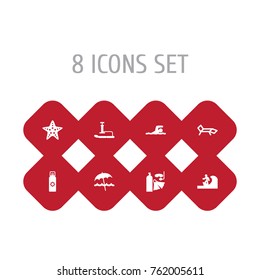 Set Of 8 Coast Icons Set.Collection Of Umbrella, Starfish, Lounge And Other Elements.