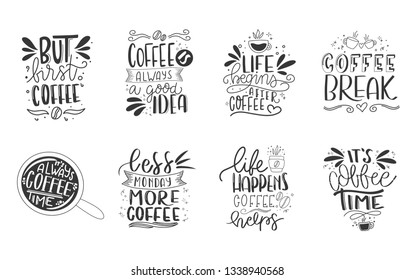 Set of 8 coffee lettering typography designs. Hand drawn lettering phrase. Modern motivating calligraphy decor. Scrapbooking or journaling card with quote.