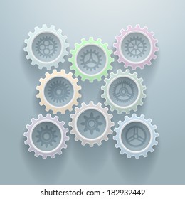 Set of 8 color gears , with 8 different inside gears. Vector decorative background.