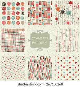 conjunto de 8 coloridos patrones de doodle abstractos sin fisuras en un fondo turbio