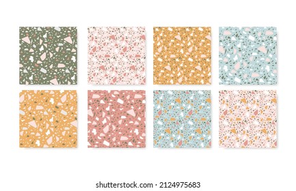 Set of 8 colorful backgrounds with terrazzo texture. The design is made in pastel warm colors: powdery-nude pink, white, khaki green, blue, yellow. Simple marble chips suitable for textile, print, web