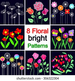 Set of 8 colorful bright linear floral patterns. Roses, pansies, poppies, wildflowers. Backgrounds & textures shop.