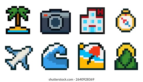 Set of 8 colorful pixel art travel icons