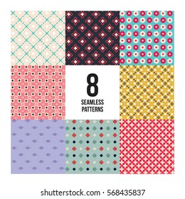 Set of 8 colorful pixelated patterns. Childish style. Useful for wrapping and textile design.