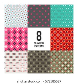 Set of 8 colorful pixelated patterns. Childish style. Useful for wrapping and textile design.