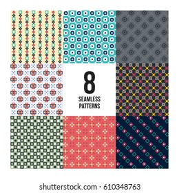 Set of 8 colorful pixelated patterns. Childish style. Useful for wrapping and textile design.