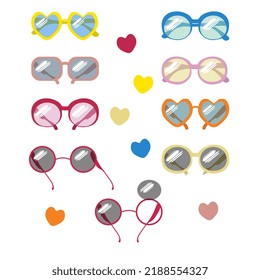 Set of 8 colorful sunglasses, every element is isolated on white background Round, square and heart shaped Yellow, blue, pink, purple, beige Vector illustration in flat cartoon style 