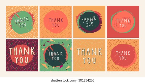 A set of 8 colorful vector artistic hand drawn Thank You cards with hand lettering and abstract geometric shapes in retro style
