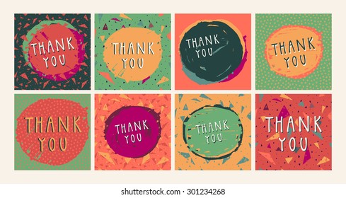  A set of 8 colorful vector artistic hand drawn Thank You cards with hand lettering and abstract geometric shapes in retro style